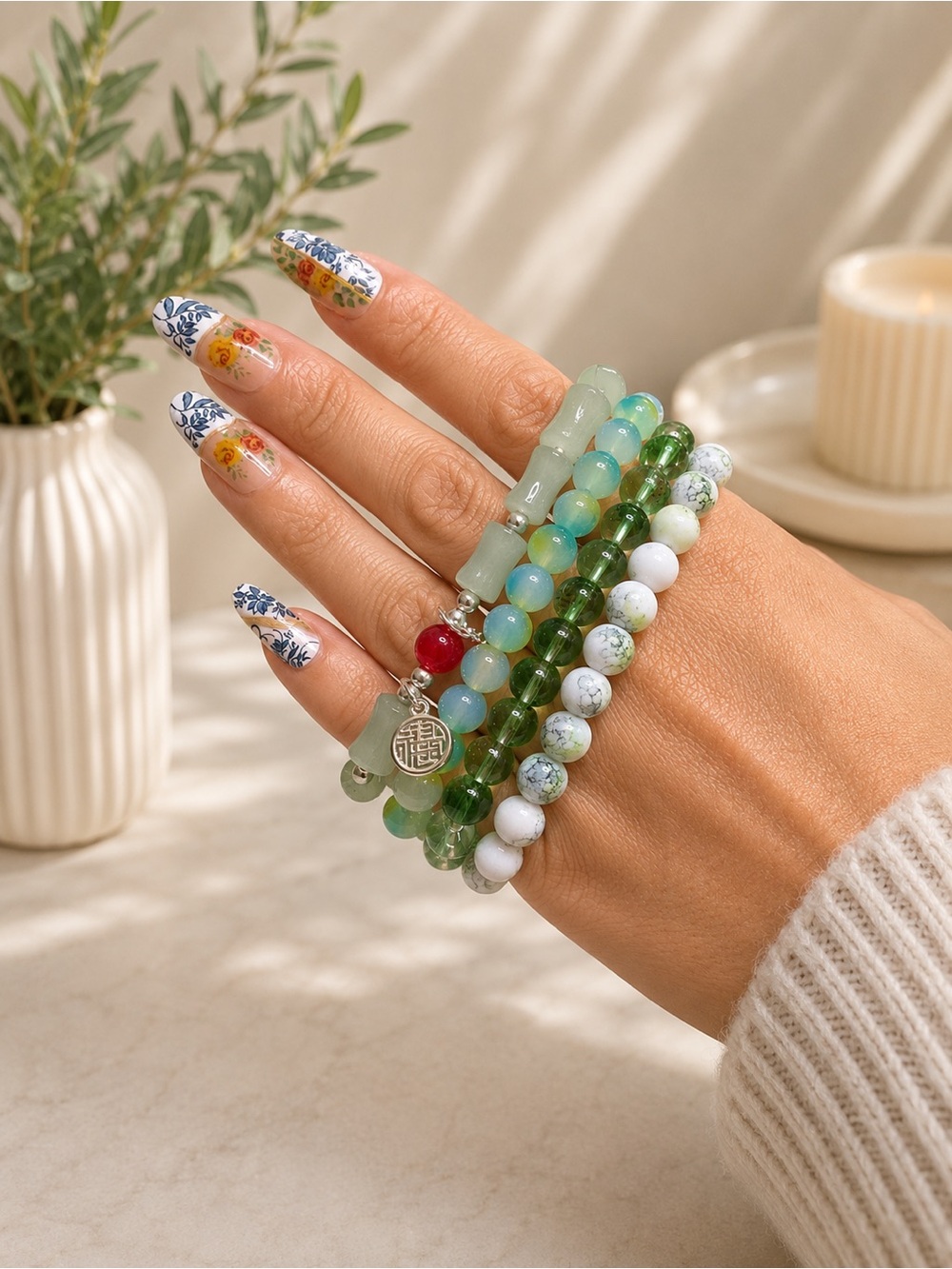 Green Mixed Bead Bracelet Stack – Layered Semi-Precious Style #07